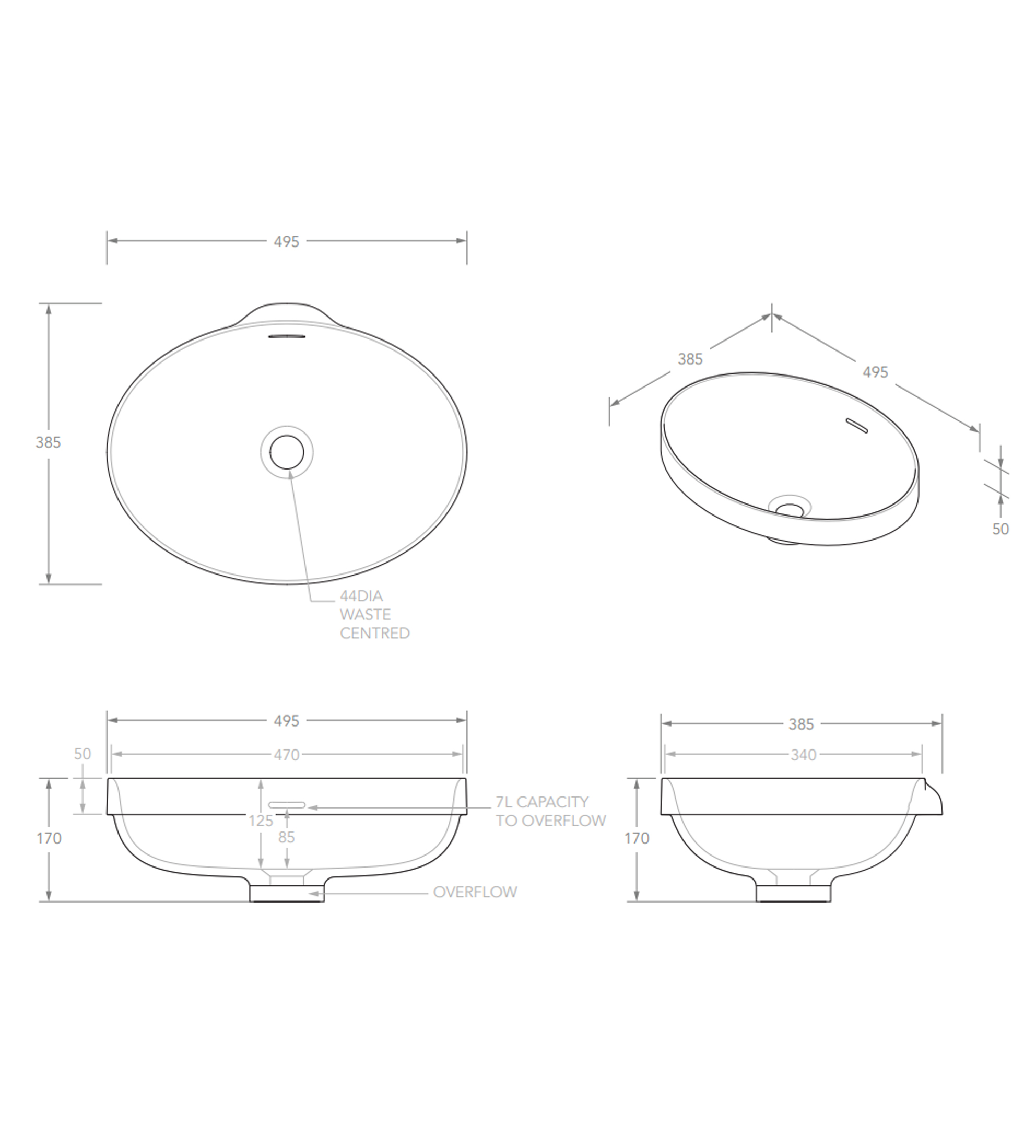 ADP Ozera 495mm Solid Surface Semi Inset Basin, Gloss White