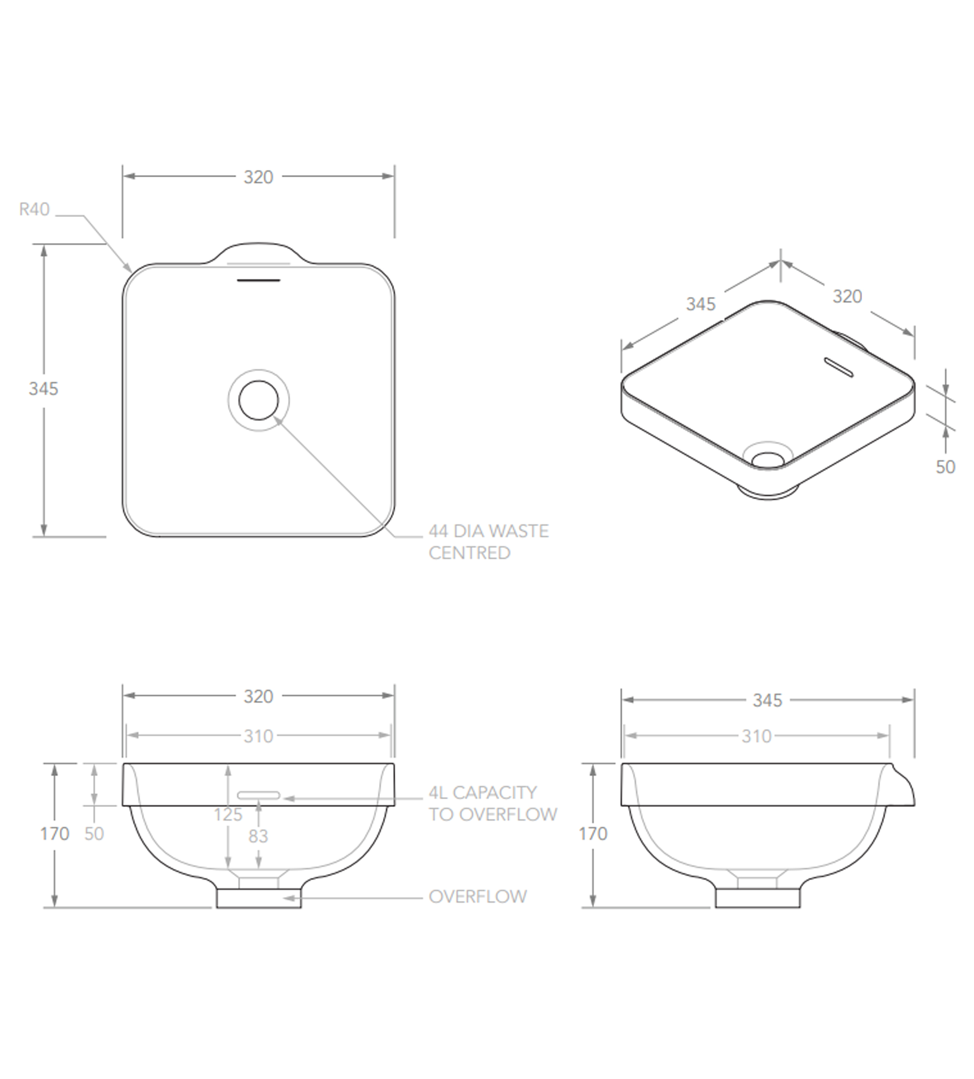 ADP Sava 320mm Solid Surface Semi Inset Basin, Matte White