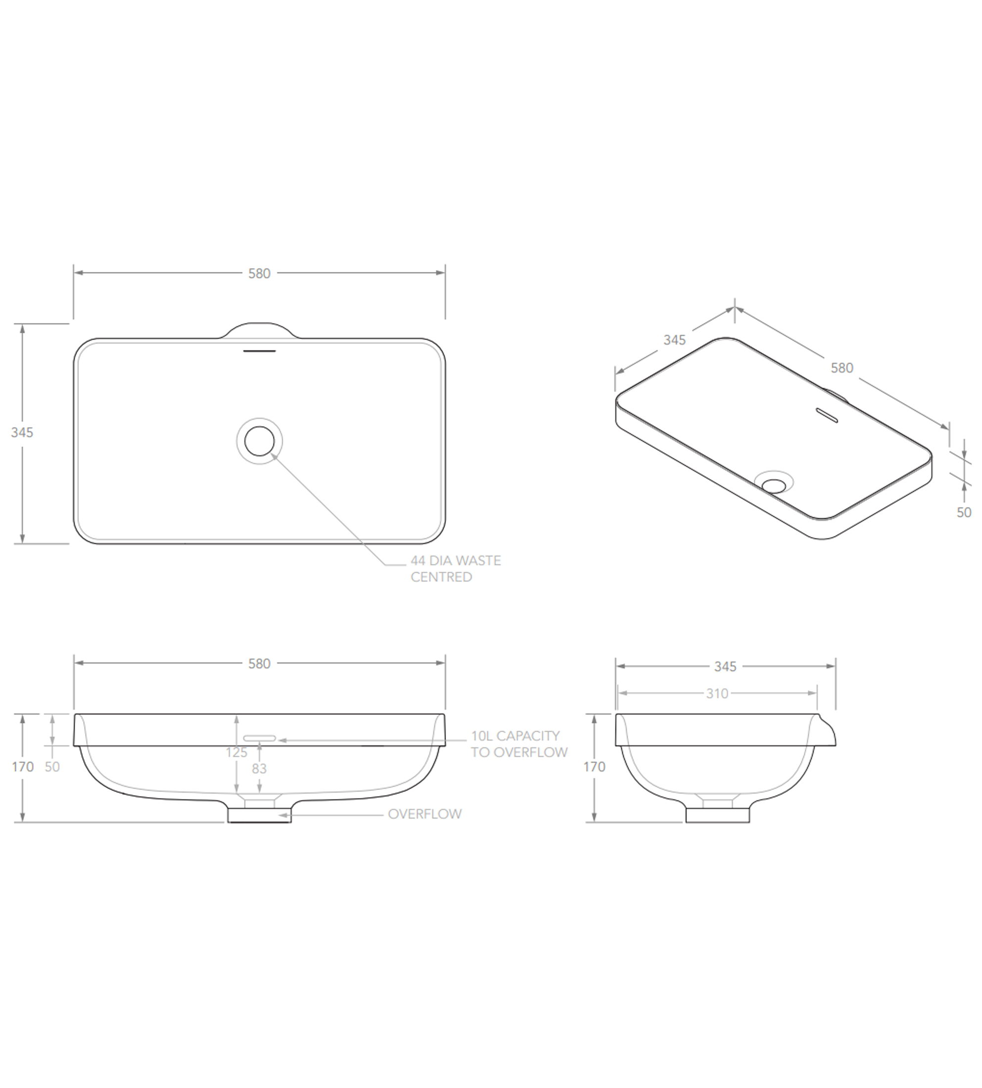 ADP Zeya 580mm Solid Surface Semi Inset Basin, Gloss White