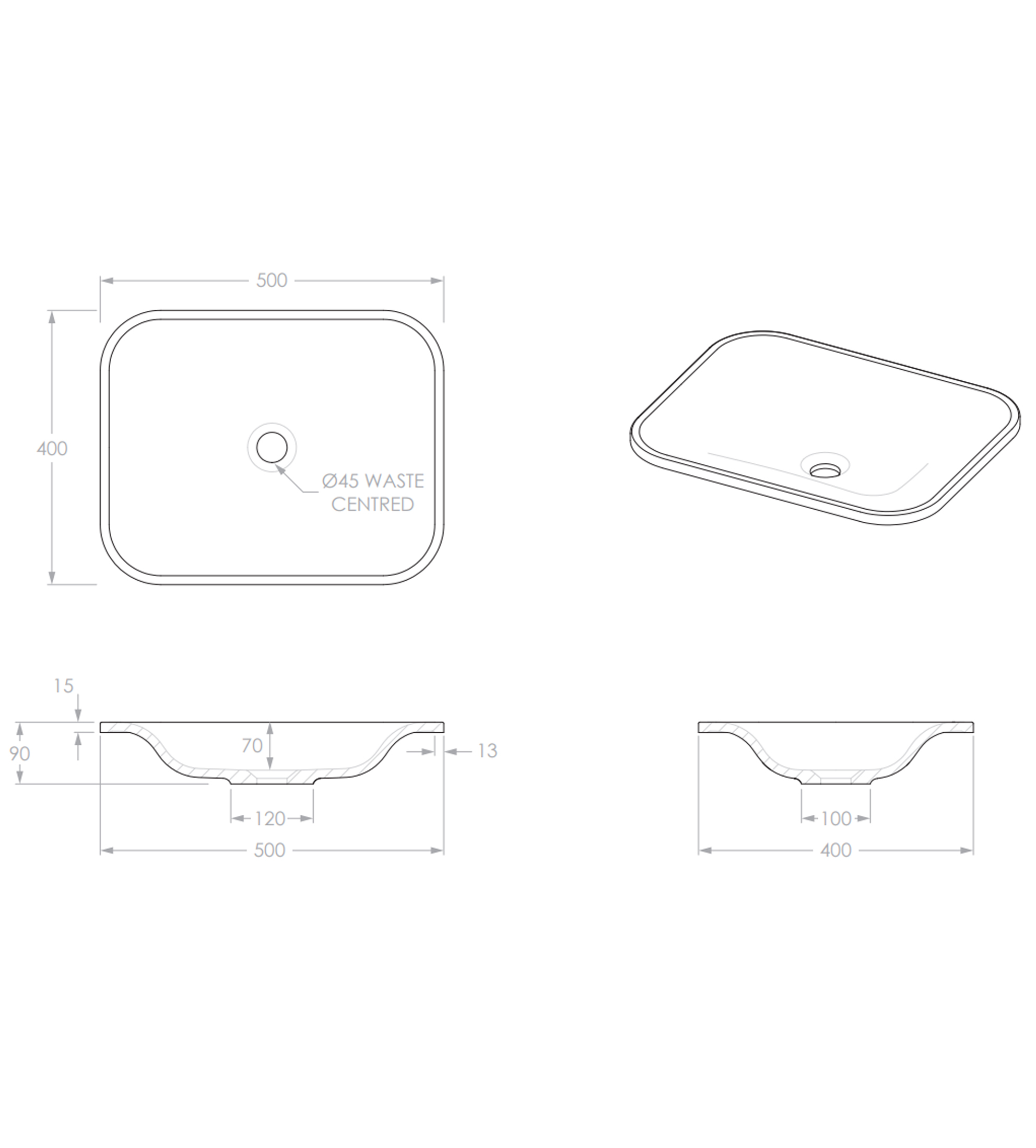 ADP Believe 500mm Solid Surface Inset Basin, Matte White
