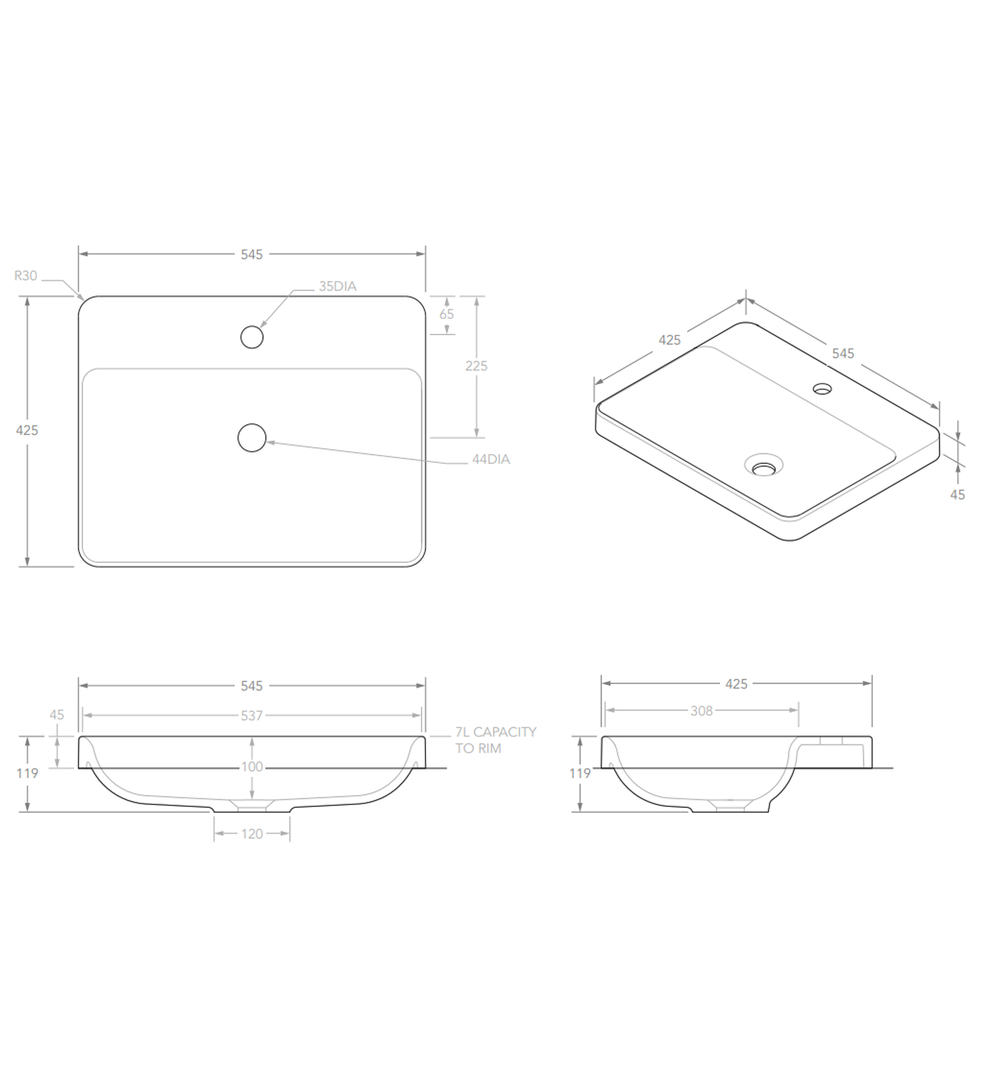 ADP Courage 545mm Solid Surface Semi Inset Basin, Matte White
