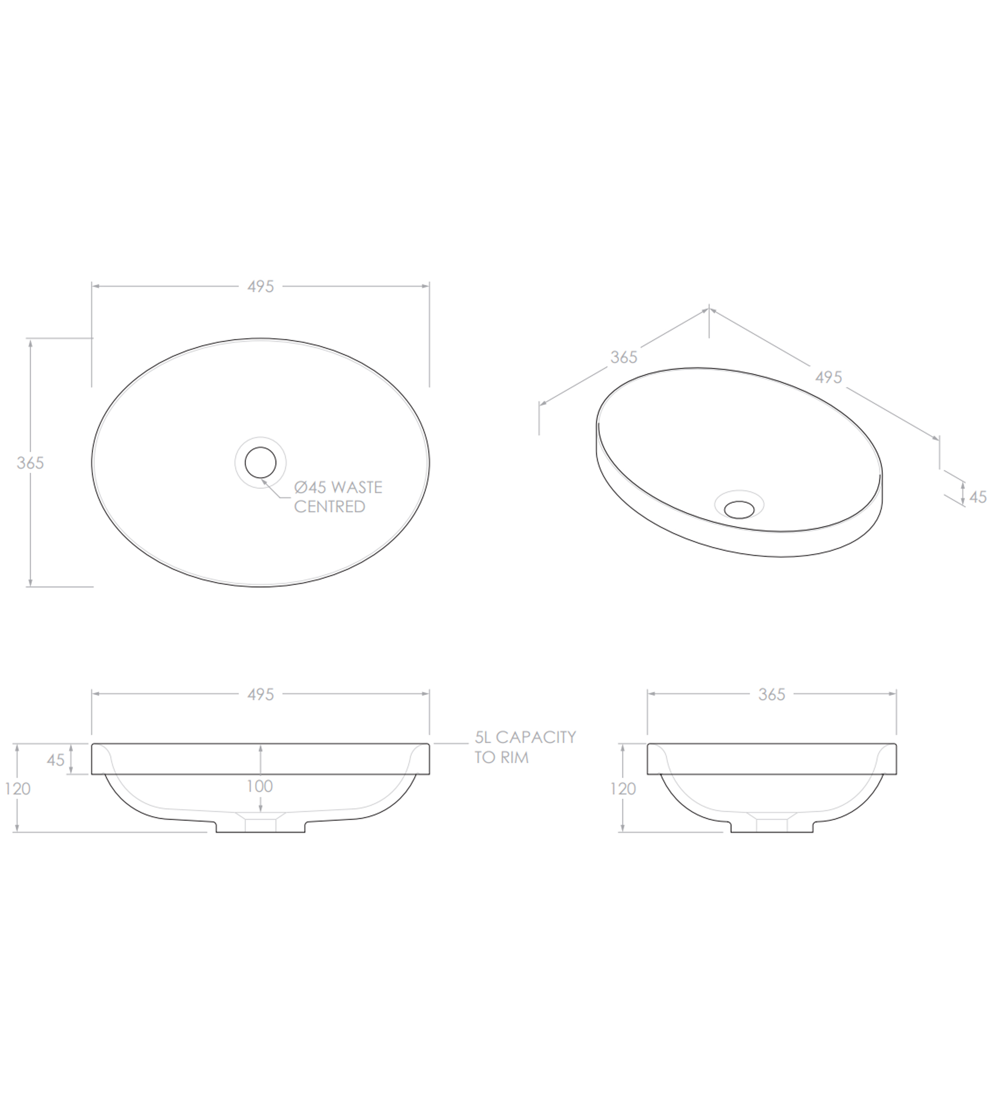 ADP Dignity 495mm Solid Surface Semi Inset Basin, Matte White