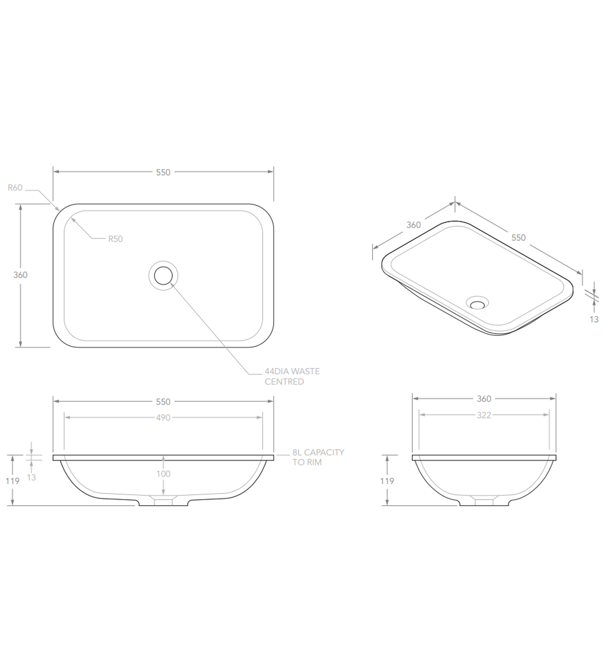 ADP Glory 550mm Solid Surface Under Counter/Inset Basin, Matte White