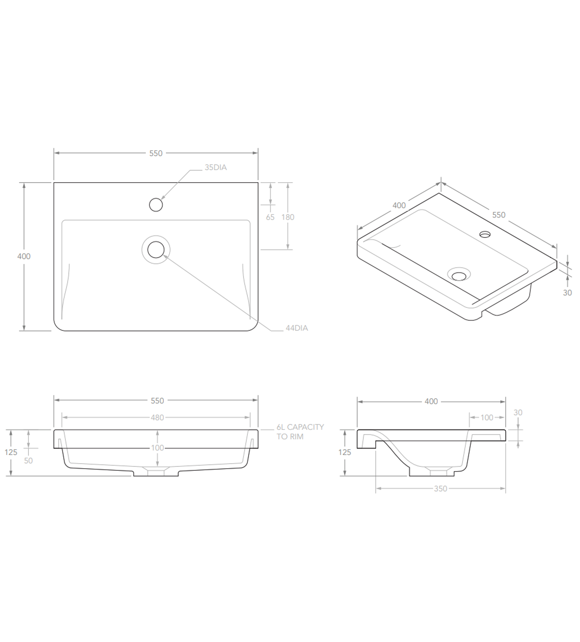 ADP Integrity 550mm Solid Surface Semi Recessed Basin, Gloss White