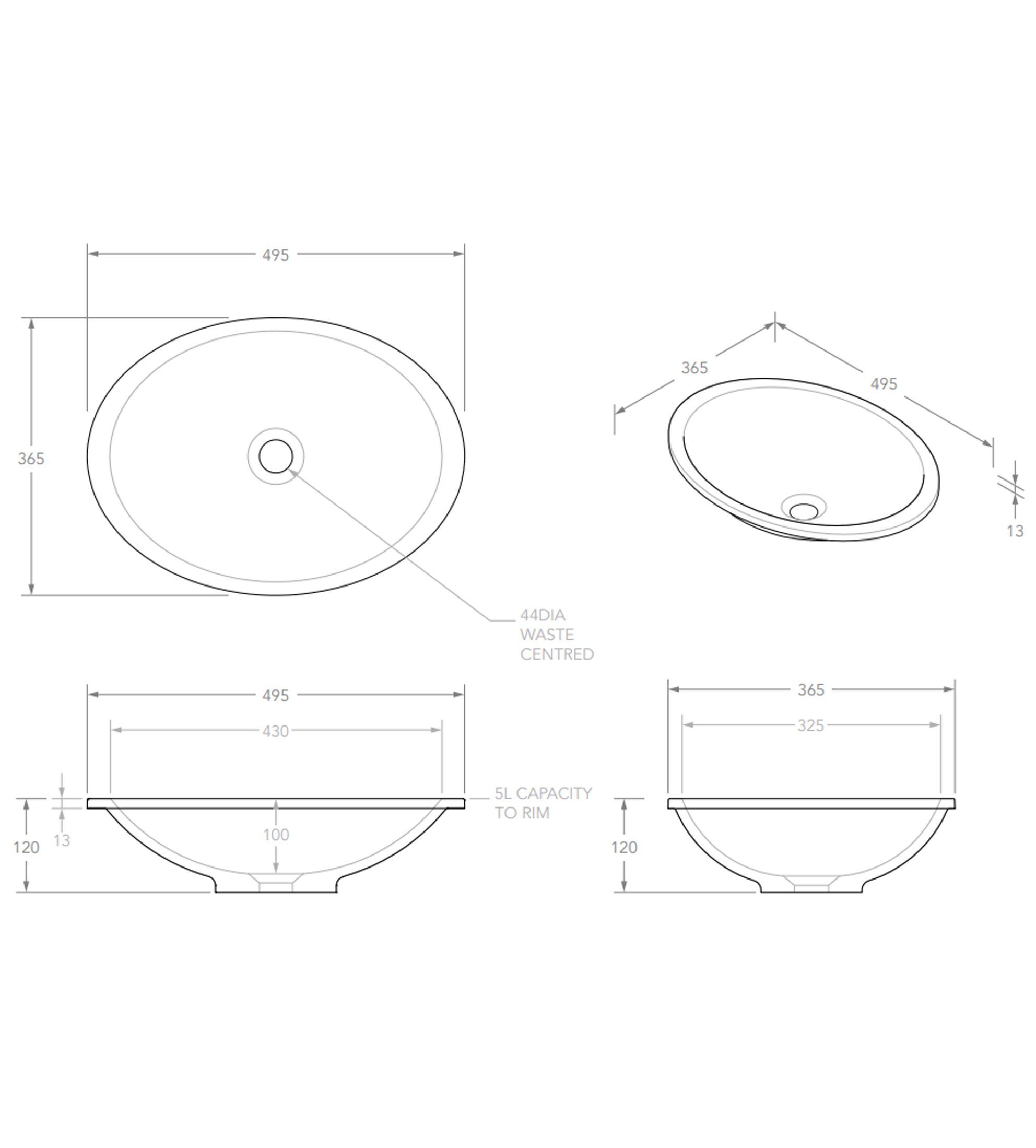 ADP Sincerity 495mm Solid Surface Under Counter/Inset Basin, Gloss White