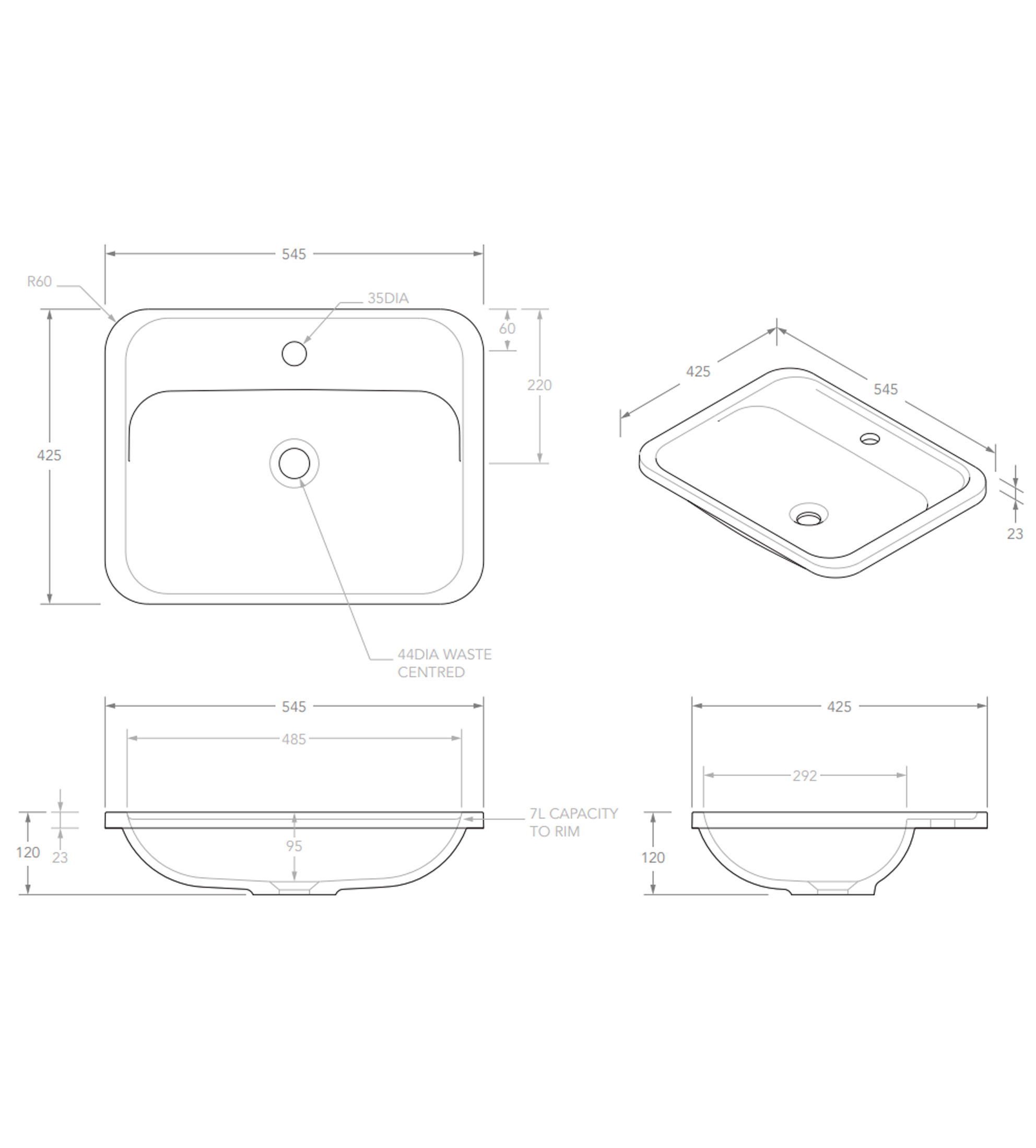 ADP Strength 545mm Solid Surface Under Counter/Inset Basin, Matte White