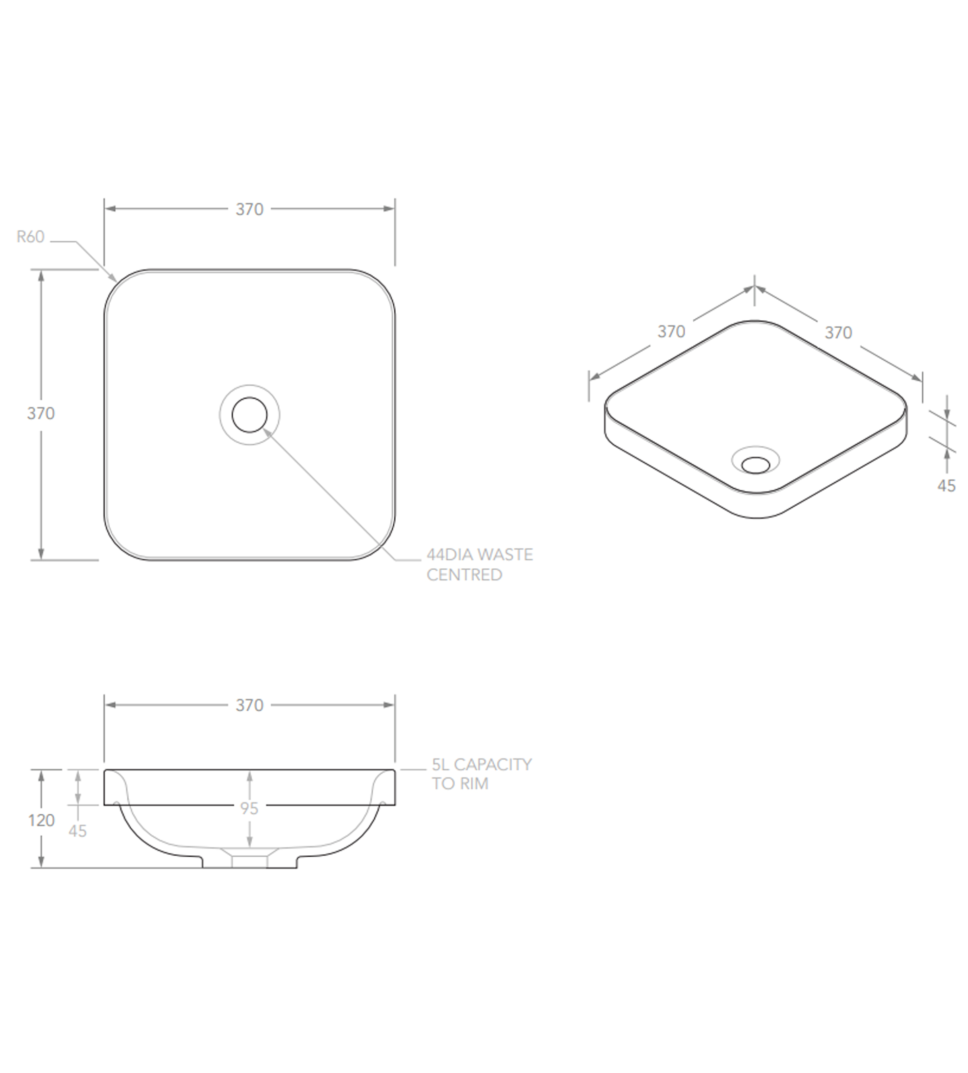 ADP Truth 370mm Solid Surface Semi Inset Basin, Matte White