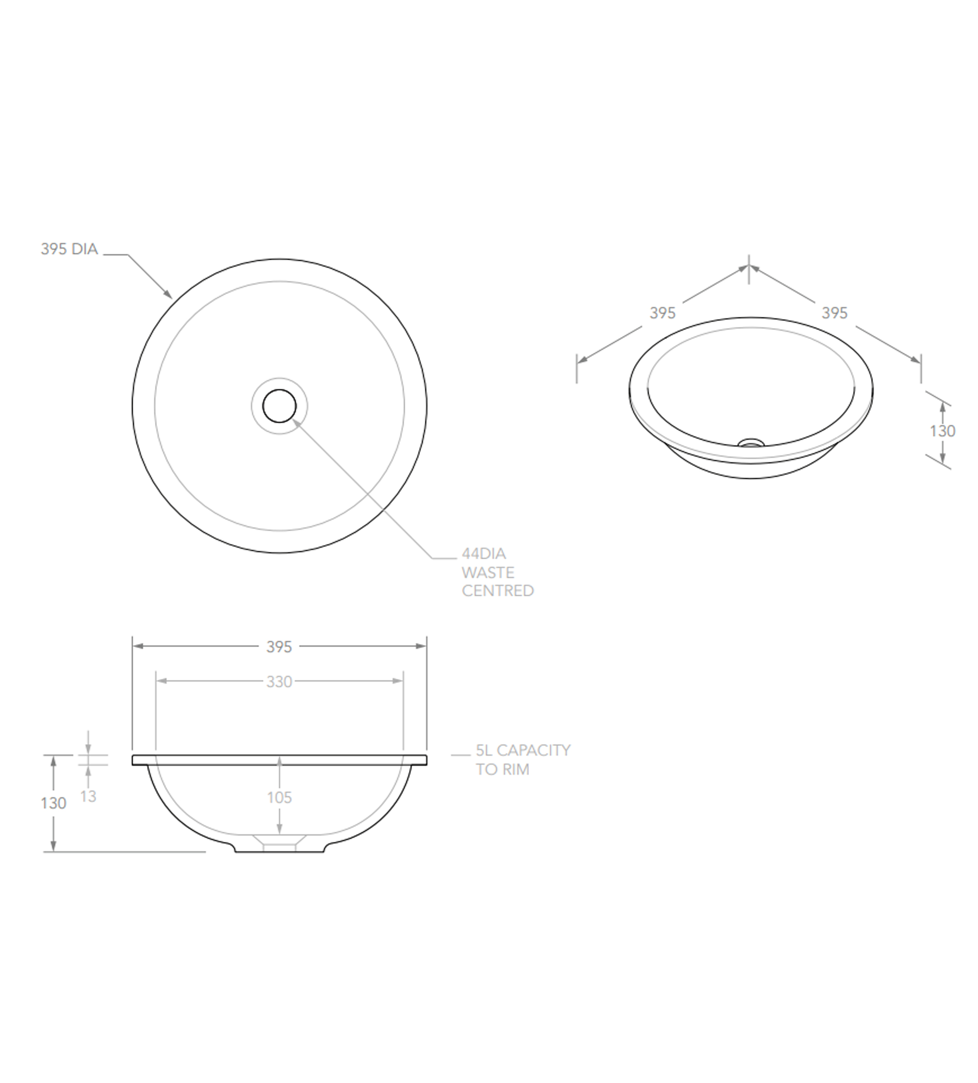 ADP Unity 395mm Solid Surface Under Counter/Inset Basin, Gloss White