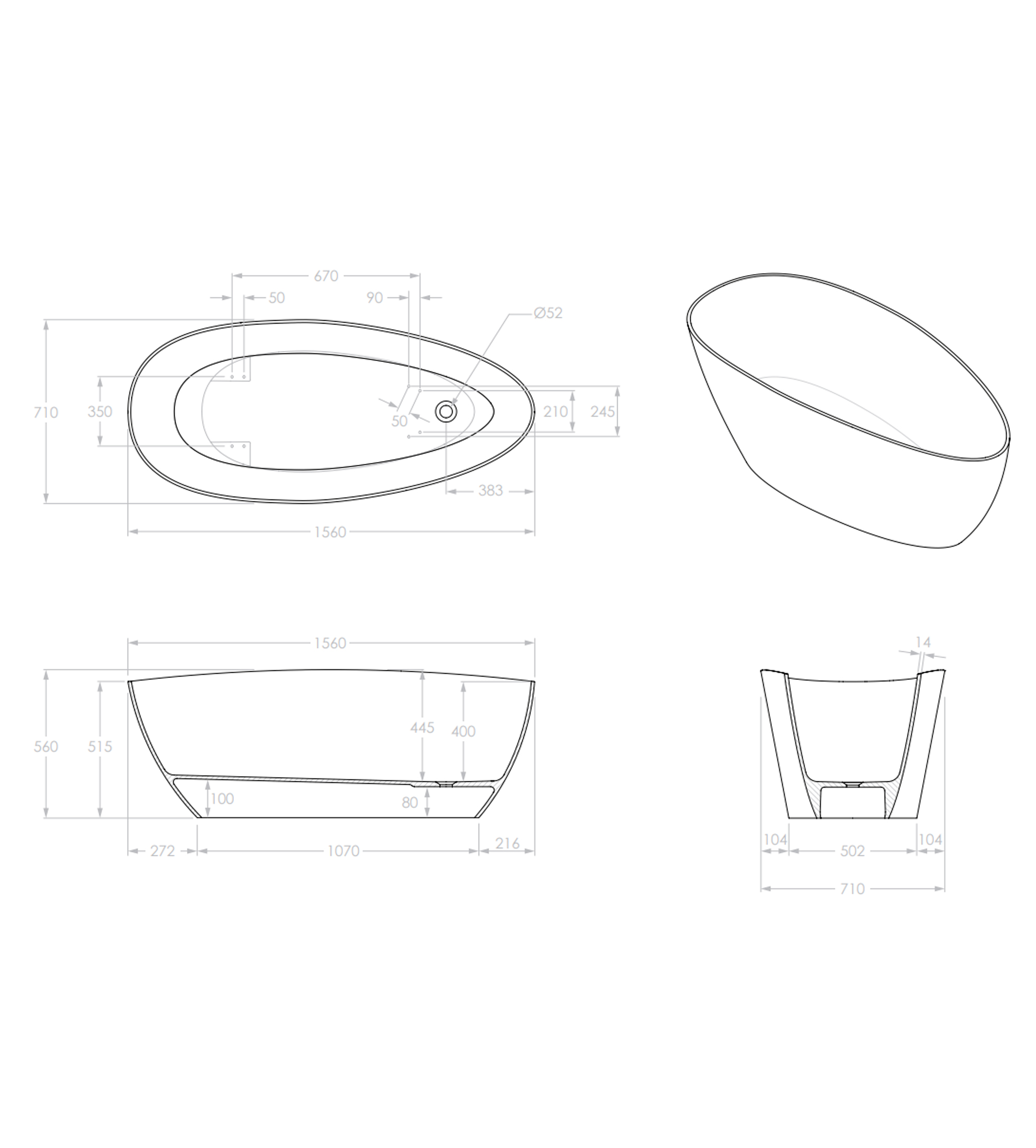 ADP Tranquil 1560mm Solid Surface Freestanding Bath, Matte White