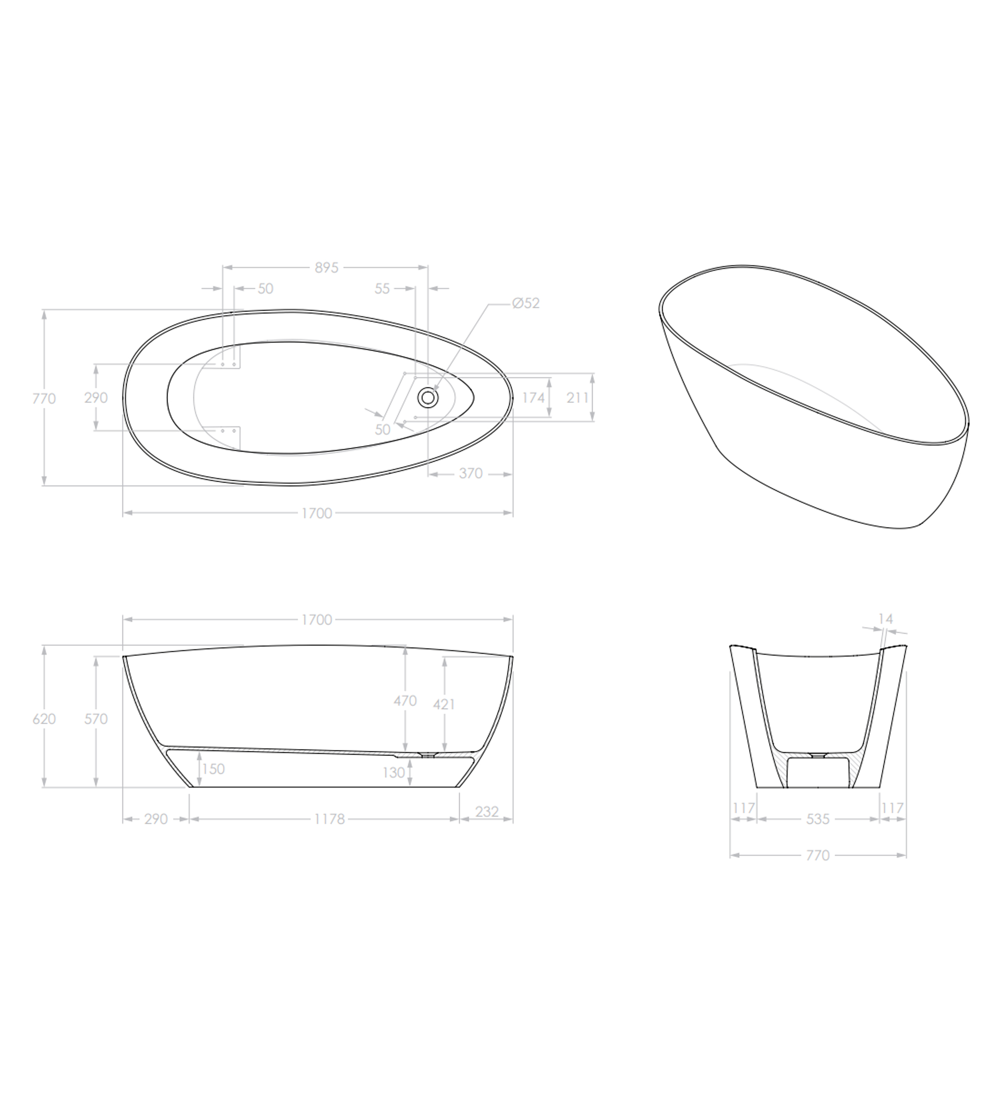 ADP Tranquil Plus 1700mm Solid Surface Freestanding Bath, Matte White