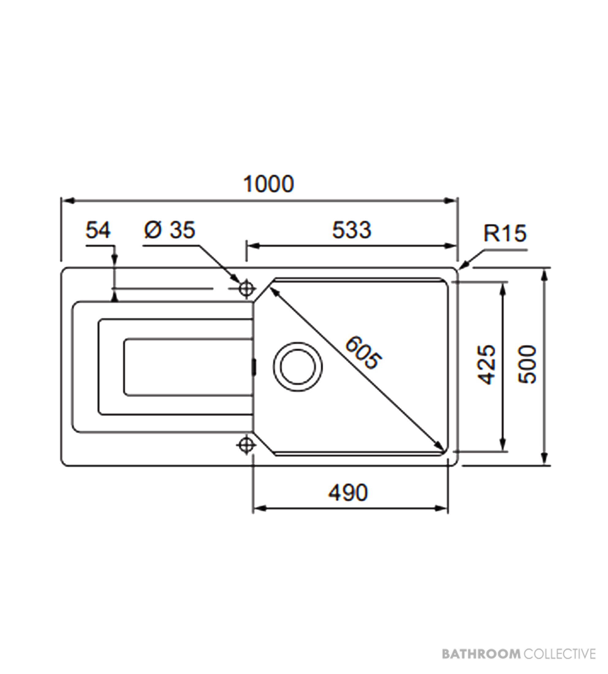 Franke Urban Topmount Single Bowl Sink 1000mm, 1th, Right Drainer, Onyx UBG611-100ONRHD