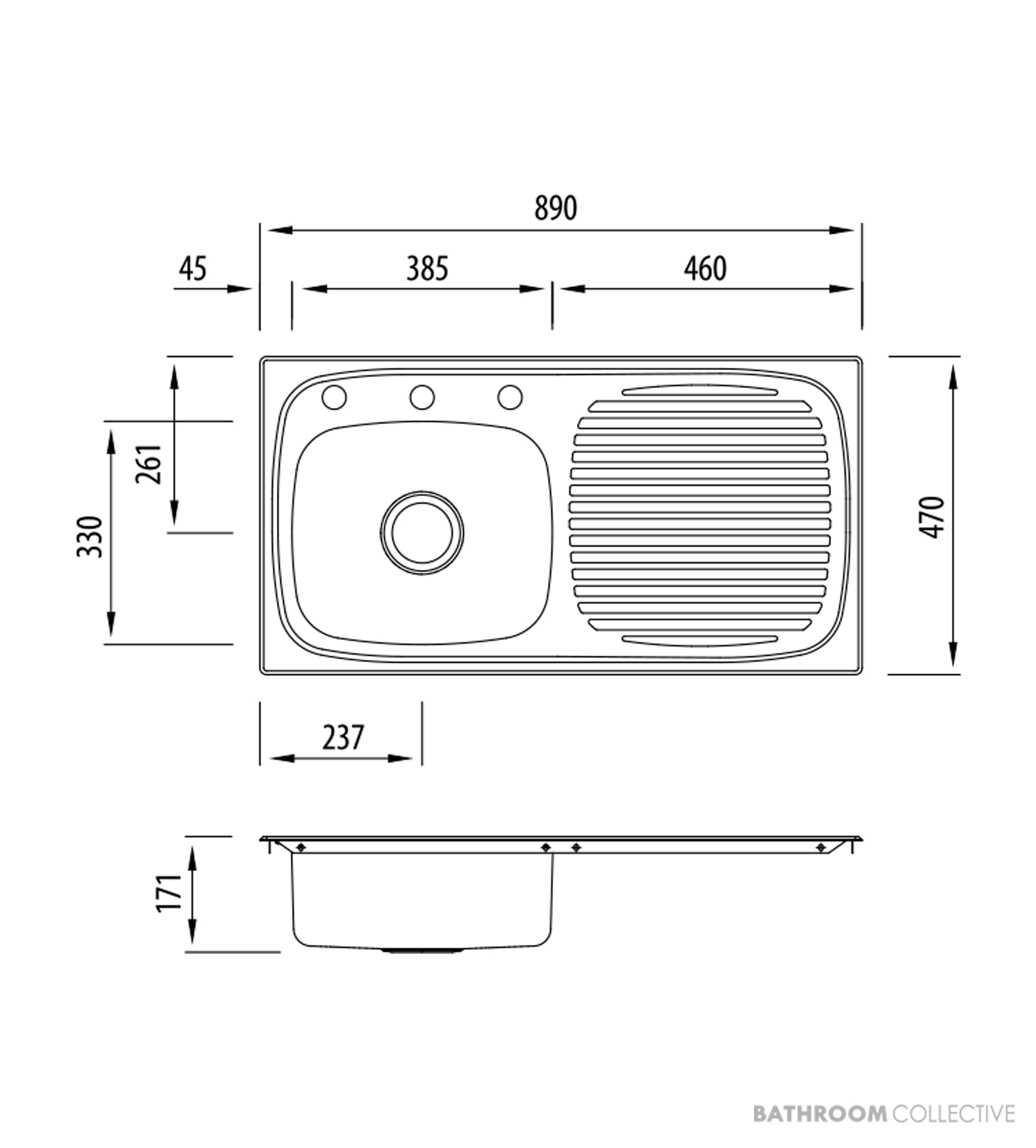 Oliveri Ultraform Topmount Single Bowl Sink 890mm, Right Drainer, Stainless UF01 1TH