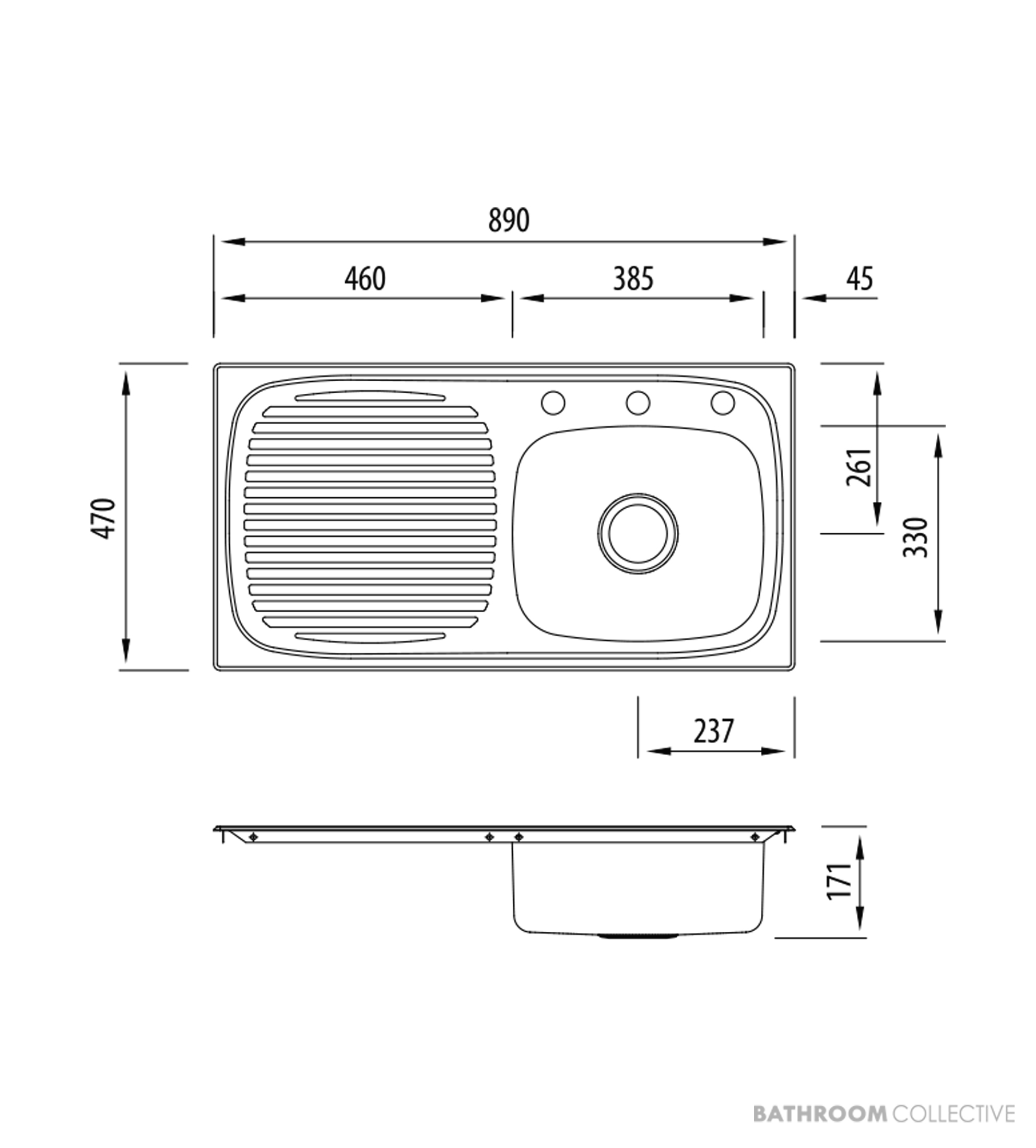 Oliveri Ultraform Topmount Single Bowl Sink 890mm, Left Drainer, Stainless UF02 1TH