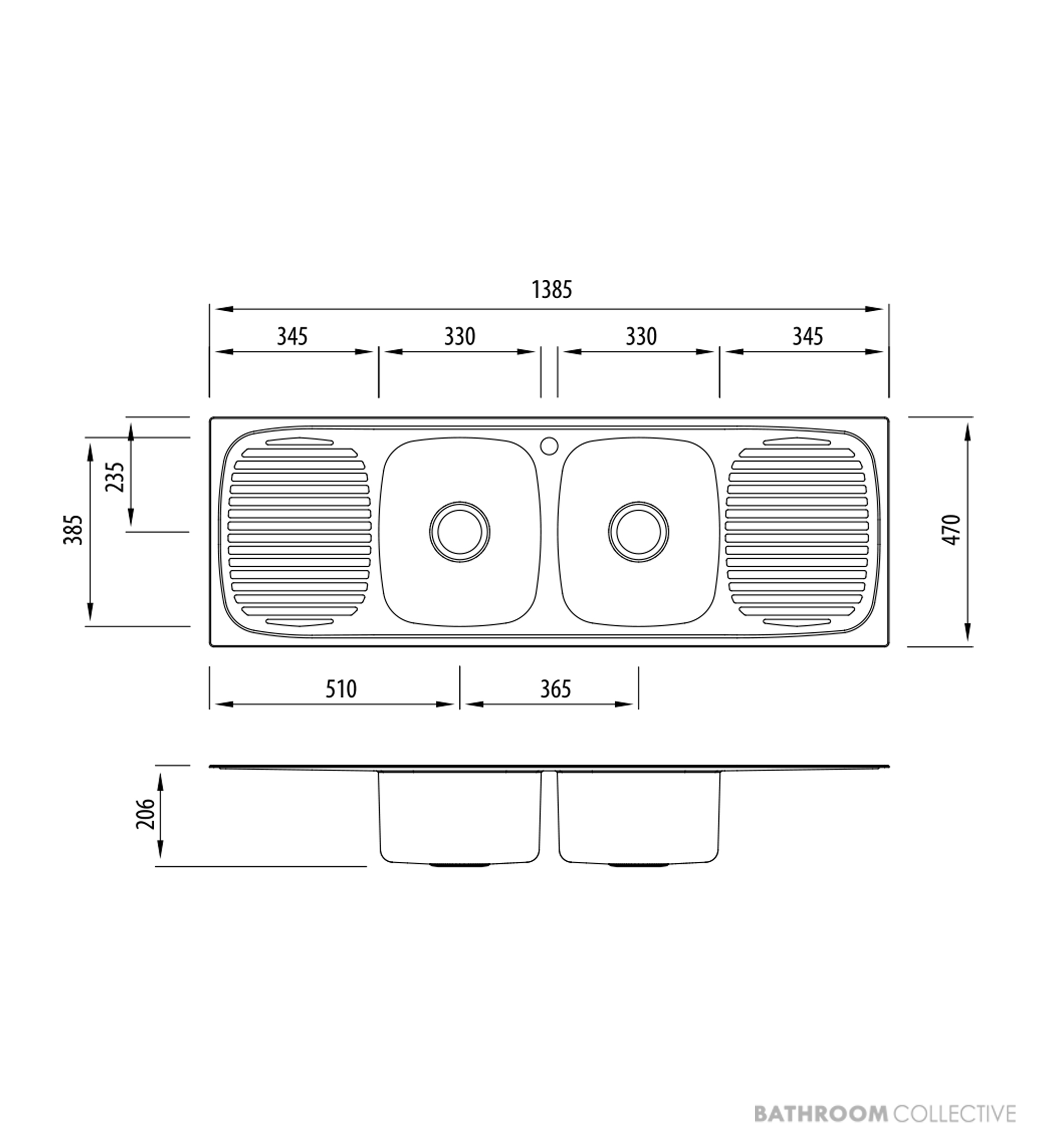 Oliveri Ultraform Topmount Double Bowl Sink 1385mm, Double Drainer, Stainless UF13D 1TH