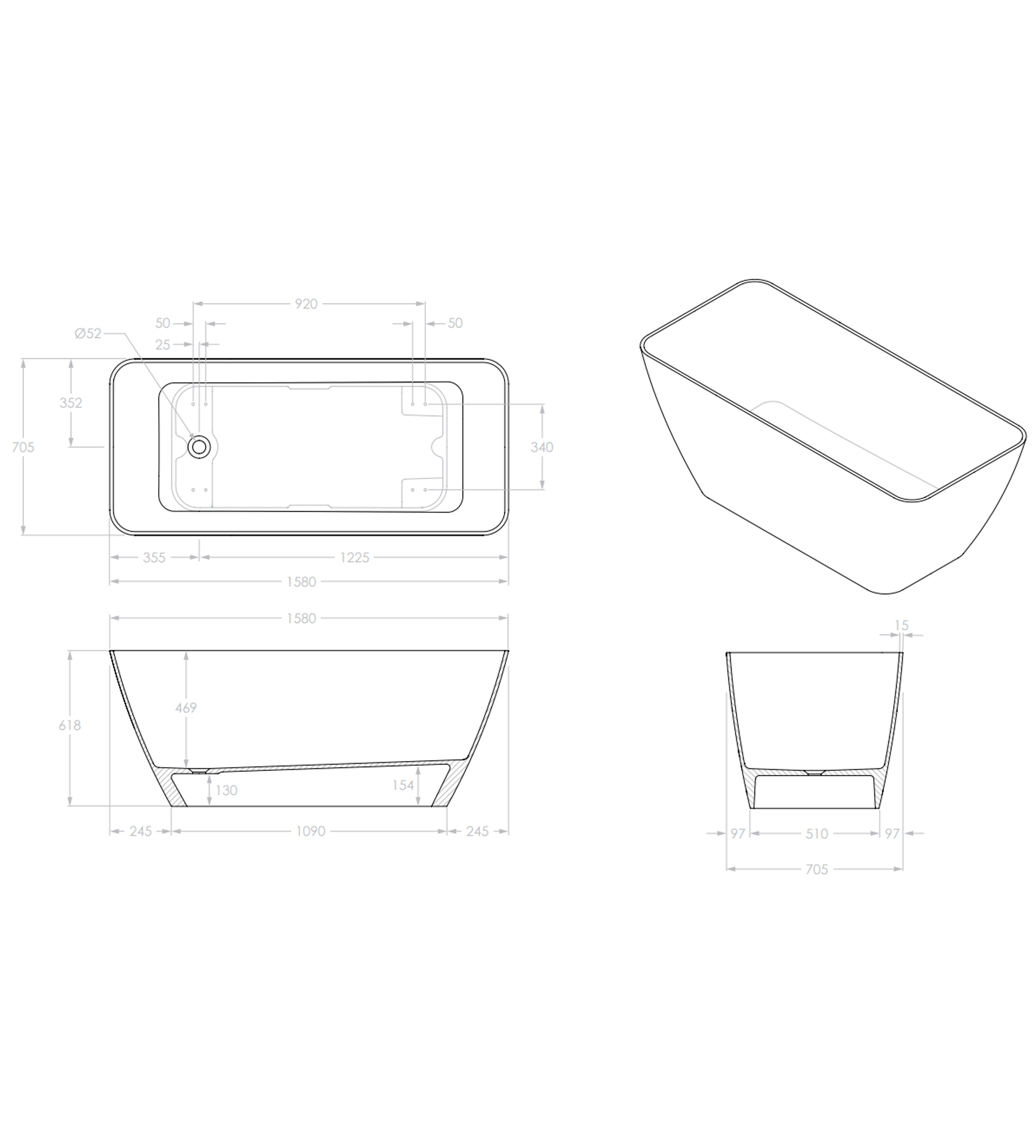 ADP Utopia 1580mm Solid Cast Marble Freestanding Bath, Gloss White