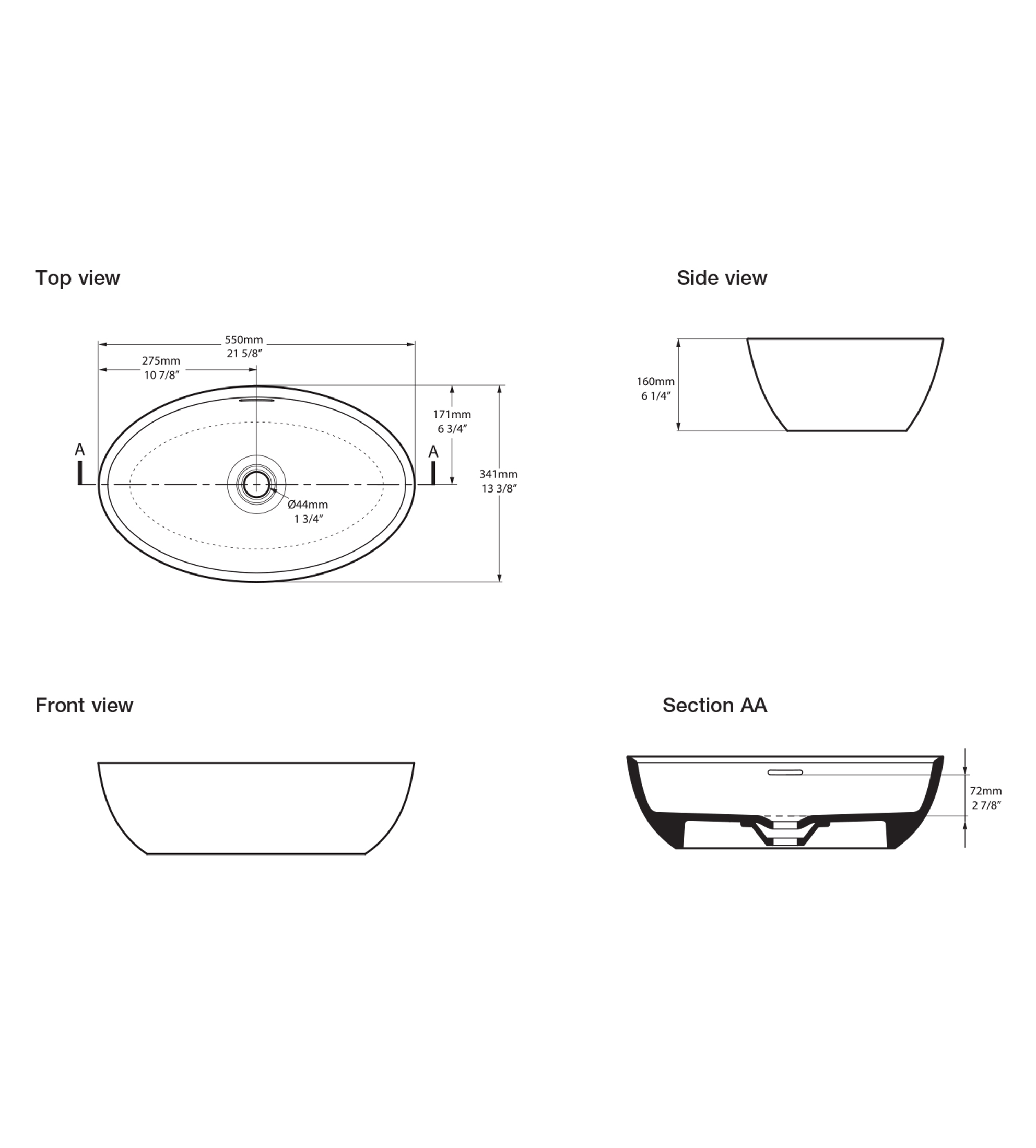 Victoria & Albert Corvara 55 Stone Basin 550 x 341 x 160mm, with Overflow, Gloss White