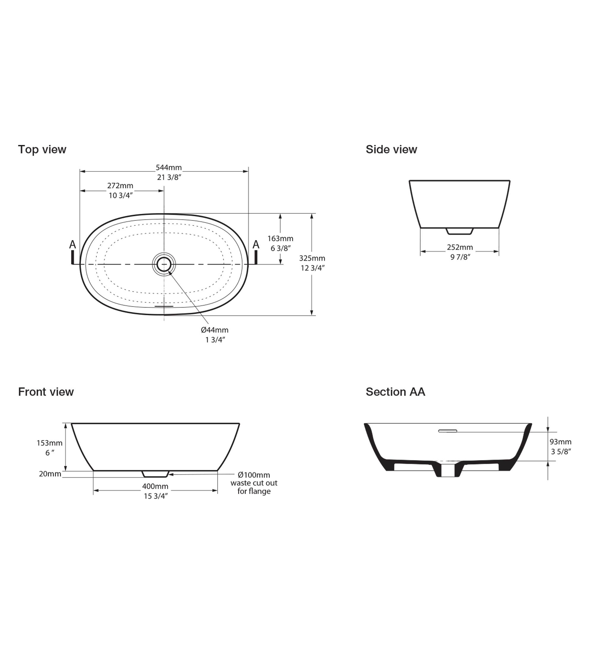 Victoria & Albert Lussari 55 Stone Basin 544 x 325 x 153mm, with Overflow, Gloss White