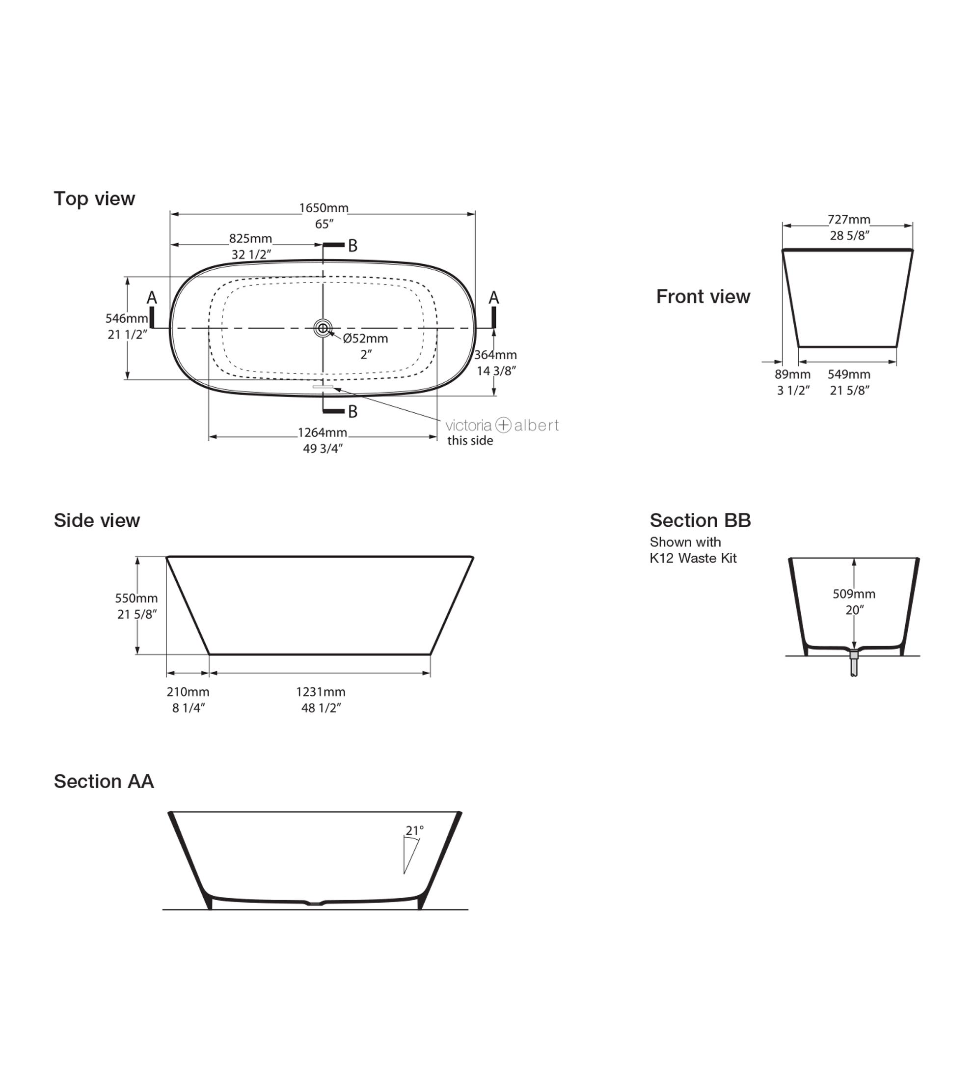Victoria & Albert Vetralla 1650mm Stone Freestanding Bath, Matt White