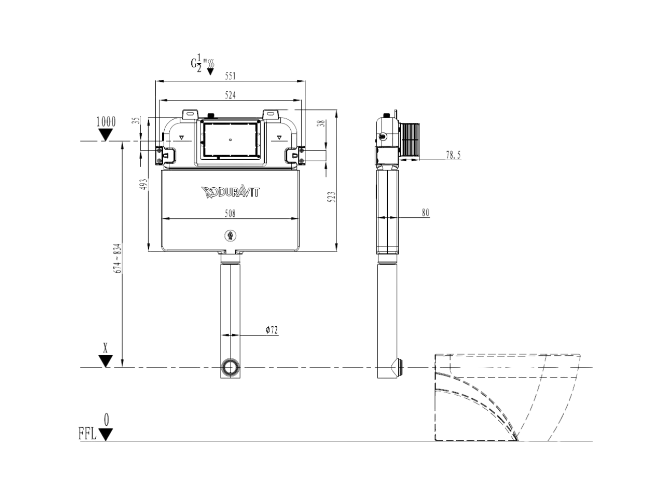 Duravit Dual Flush, Slimline Concealed Cistern for Wall Faced Pan
