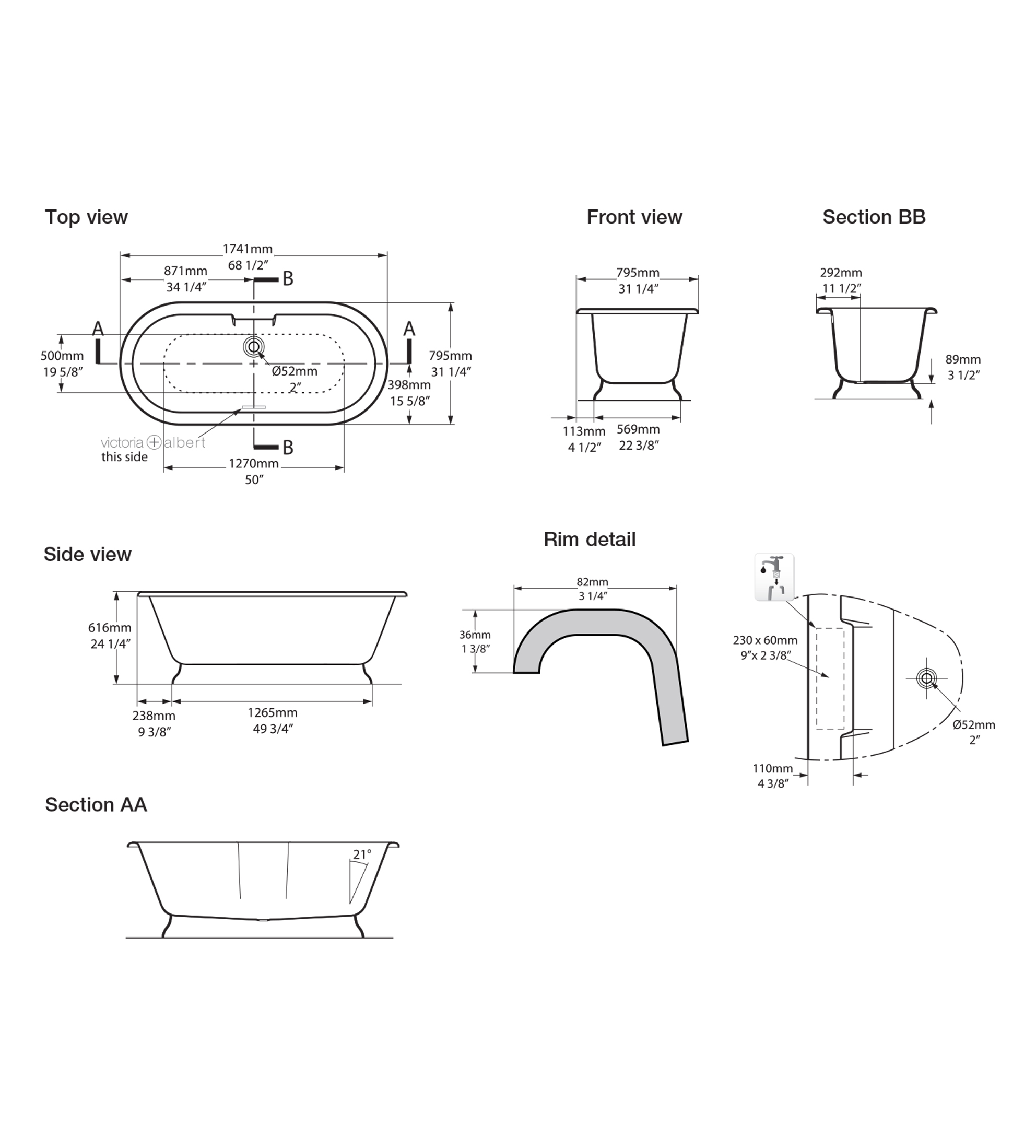 Victoria & Albert York 1741mm Stone Freestanding Bath, Gloss White